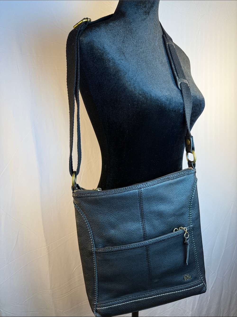 The Sak Black Leather Crossbody Bag Adjustable Strap with Brass Hardware
